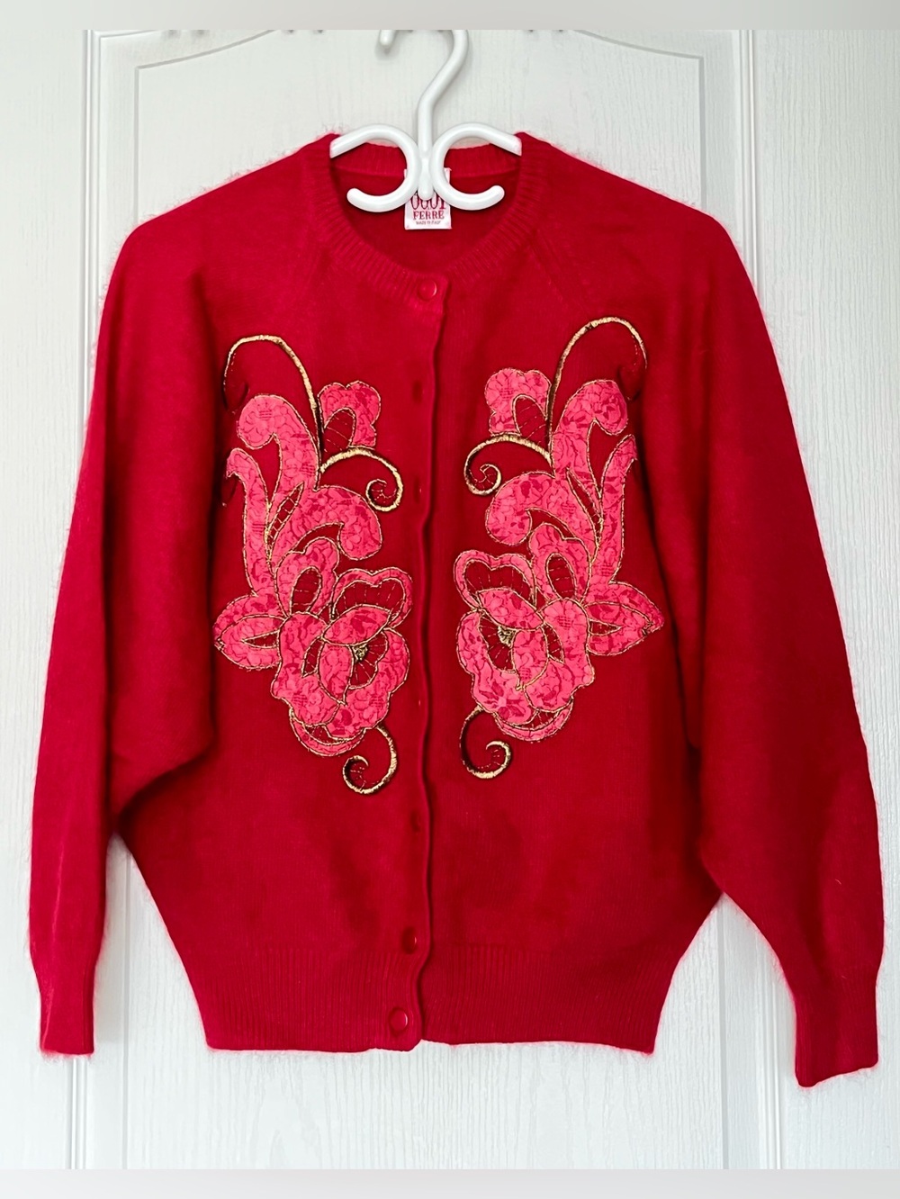 Vintage Studio 0001 by Gianfranco Ferre Red Angora Lace Cardigan Sweater Size L